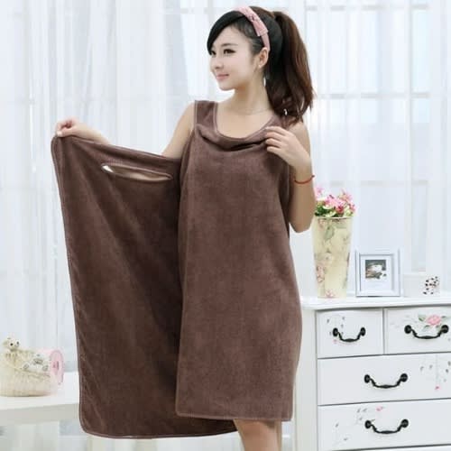 Microfiber Wrap Around Wearable Bath Robe Towel - Brown