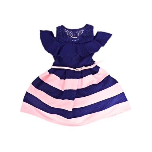 Girls Color Block Cold Shoulder Dress With Lace Yoke & Belt