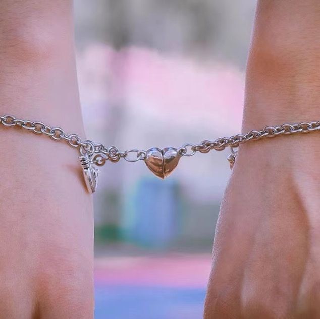 2 Love Magnetic Bracelet Men And Women Key Heart Lock Silver