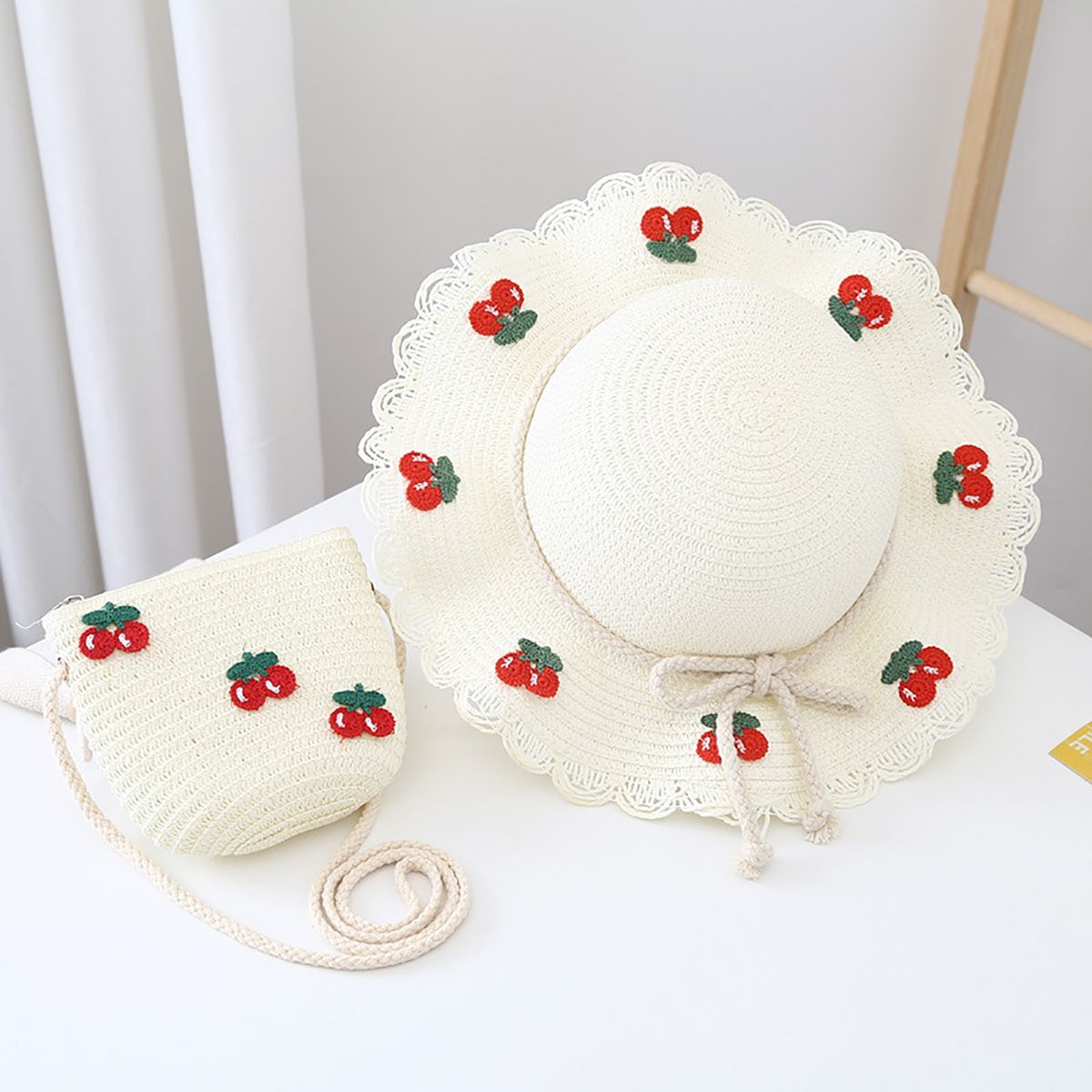 Hat Bag Set Baby Girls Breathable Straw Hat Handbag White
