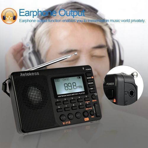 Retekess V-115 FM/AM/SW Radio Multiband Radio Receiver REC Recorder Bass Sound MP3 Player Speakers With Sleep Timer Black