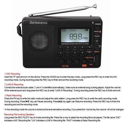 Retekess V-115 FM/AM/SW Radio Multiband Radio Receiver REC Recorder Bass Sound MP3 Player Speakers With Sleep Timer Black
