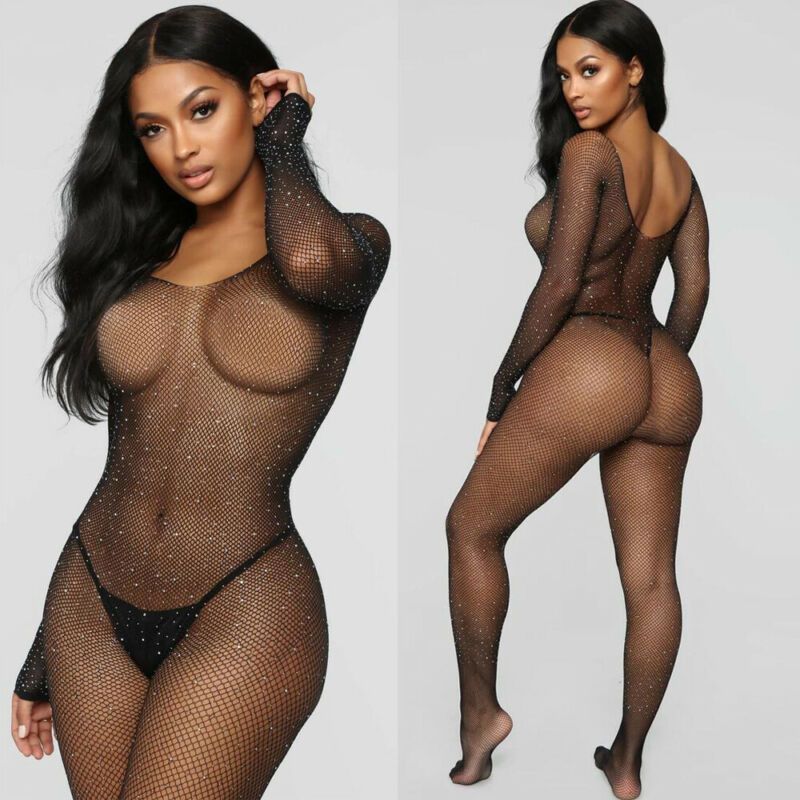 Plus Size Erotic Sexy Lingerie Bling Rhinestone Fishnet Bodysuit Transparent Dress Women Mesh Tights Sexy Exotic Body Socks 18-white1