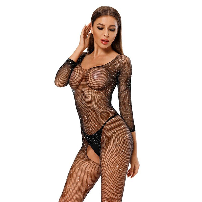Plus Size Erotic Sexy Lingerie Bling Rhinestone Fishnet Bodysuit Transparent Dress Women Mesh Tights Sexy Exotic Body Socks 18-white1