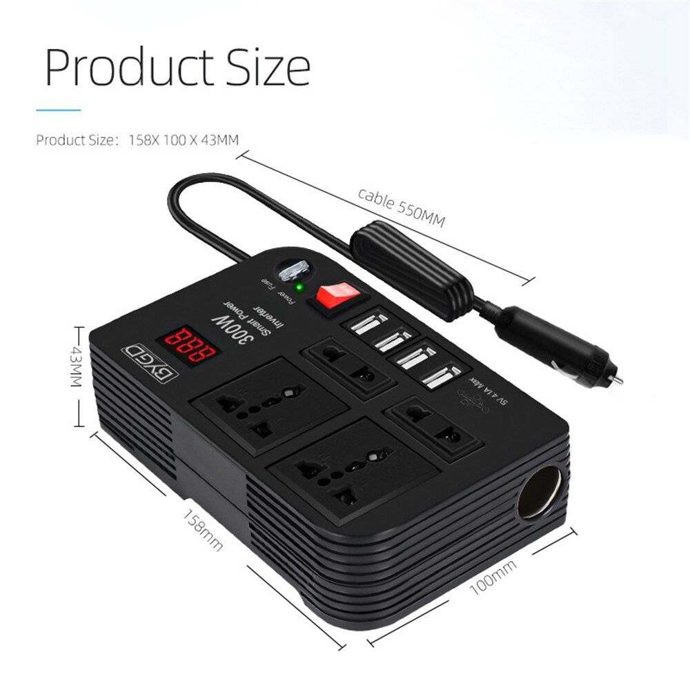 300W Car Inverter DC 12V To AC 220V Converter Outlets 4 USB Fast Charging Socket Power Adapter Inverter Power Supply