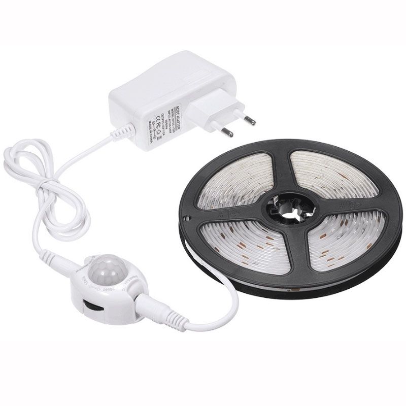 5m Wireless PIR Motion Sensor LED Strip Light 12V Smart Stair Cabinet Wall Lamp, EU Plug(Warm White Light)