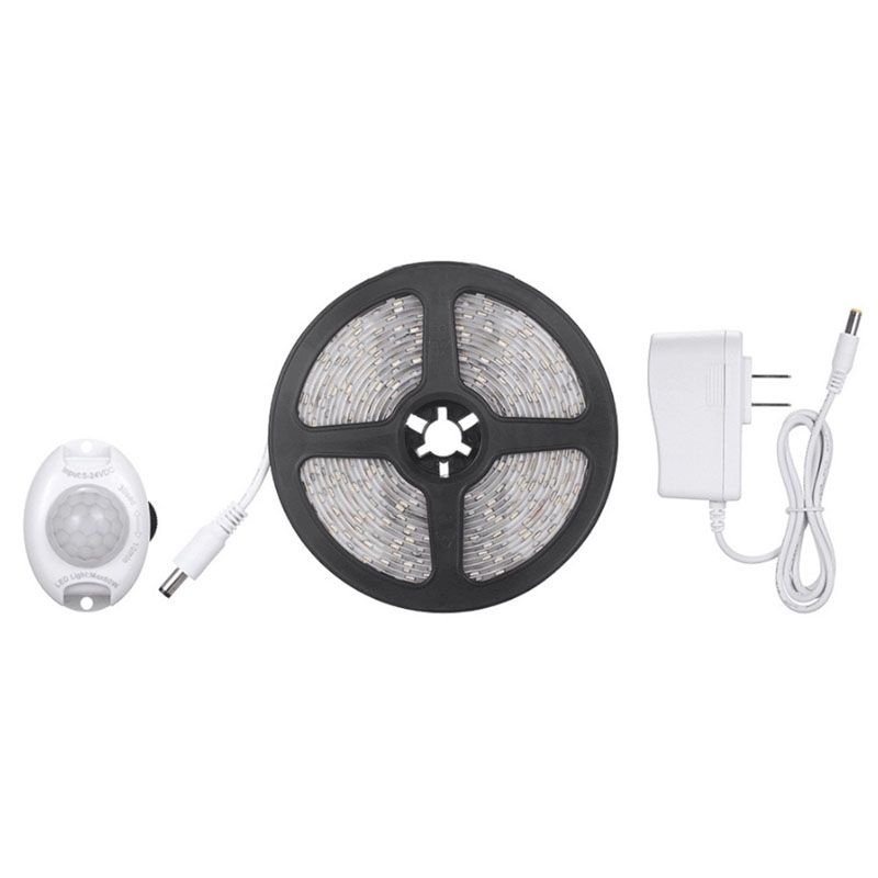 5m Wireless PIR Motion Sensor LED Strip Light 12V Smart Stair Cabinet Wall Lamp, EU Plug(Warm White Light)