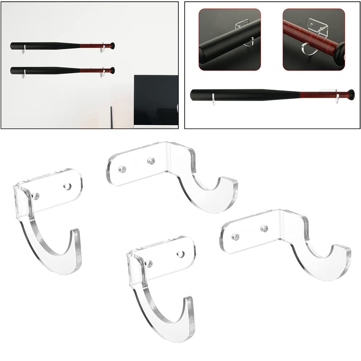 Acrylic Baseball Bat Wall Mount Hanger Rack, To Display Transparent