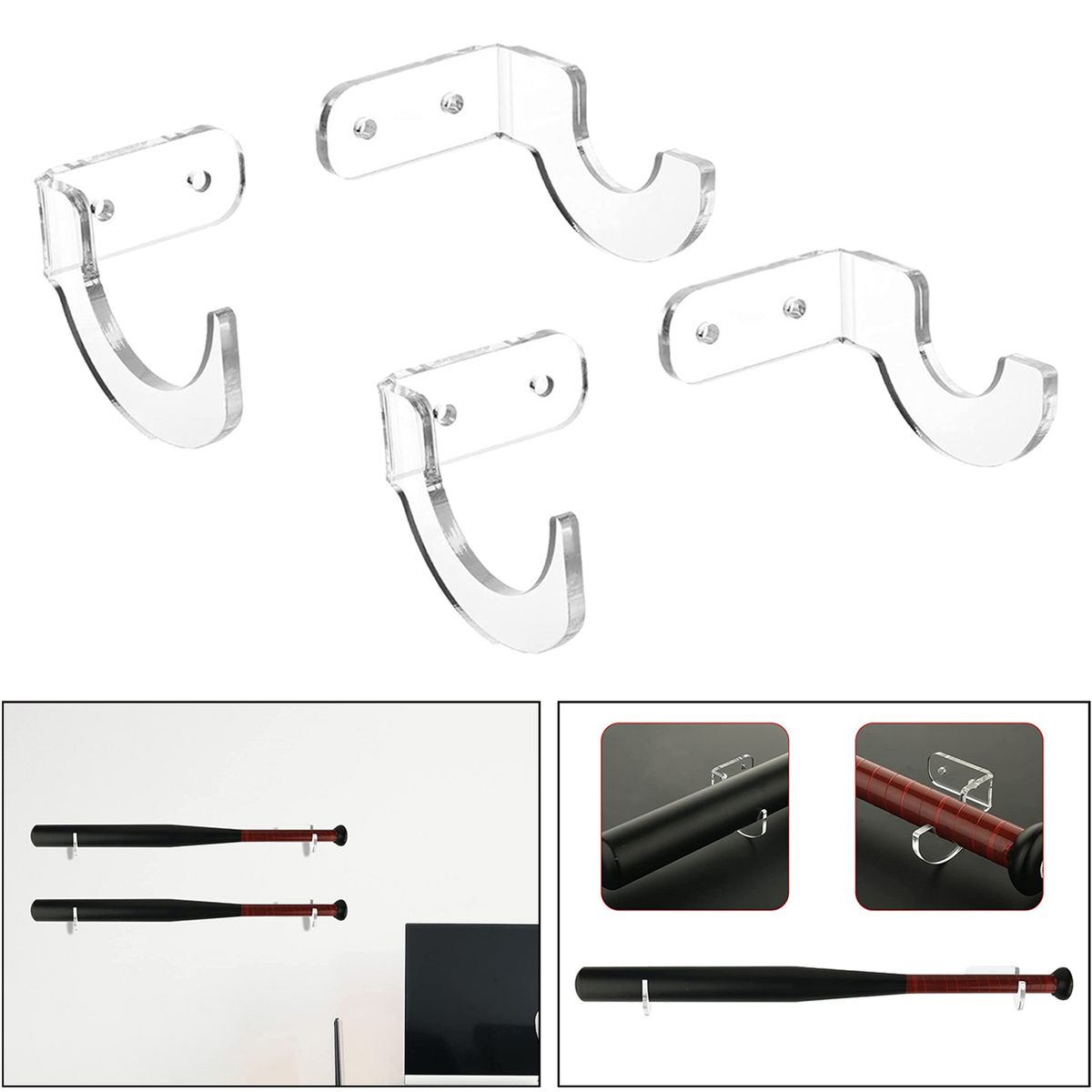 Acrylic Baseball Bat Wall Mount Hanger Rack, To Display Transparent