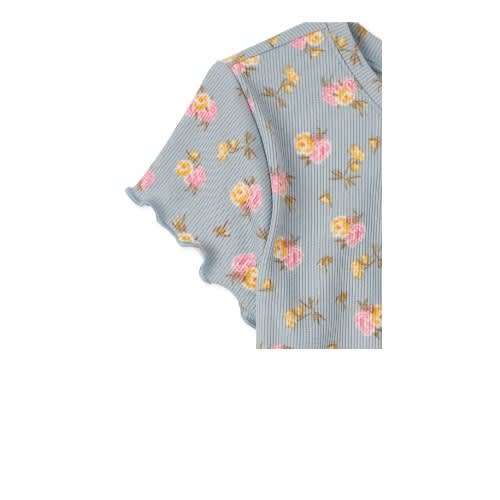 Girls Floral Ribbed Henley Top - Smoky Blue