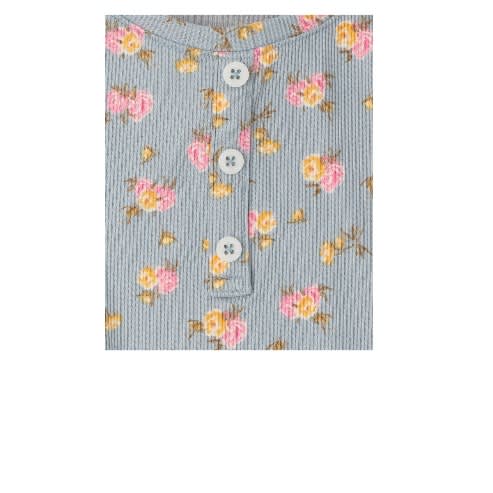 Girls Floral Ribbed Henley Top - Smoky Blue