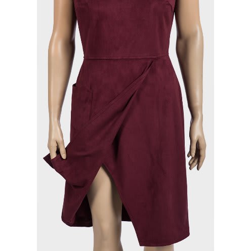 Ladies Asymmetric Suedette Dress- Wine