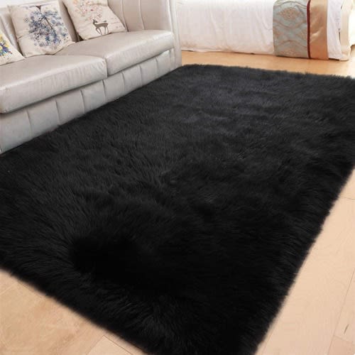 Fluffy Black Faux Fur Rug - 5x7ft