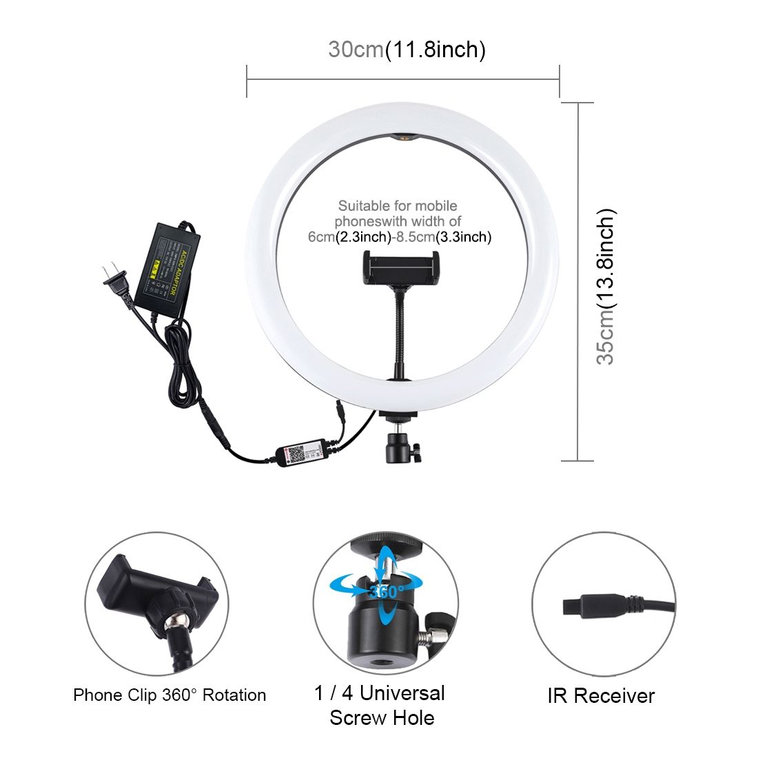 12 Inch RGB Dimmable LED Ring Vlogging Selfie Photography Video Lights(US Plug)