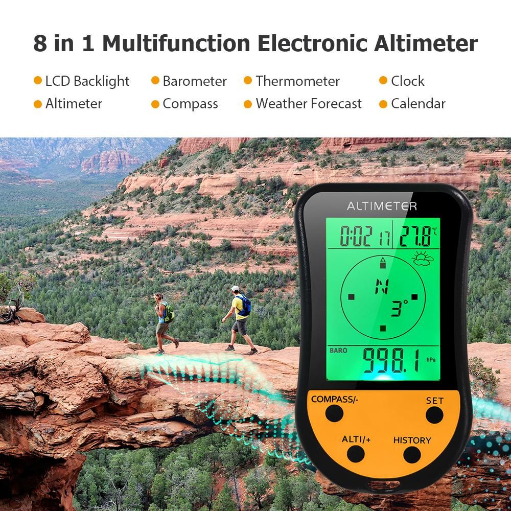 Electronic Digital Altimeter 8 in 1 Multifunction LCD Backlight Mini Altimeter Barometer Compass Thermometer Weather Forecast Clock Calendar for Outdoor Climbing Hiking Fishing