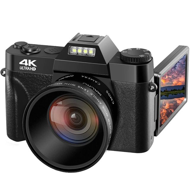 High-definition 4K Digital Camera 3 Inch 48MP 16x Digital Zoom Flip Screen Auto Focus For Photography On YouTube External Lens Black