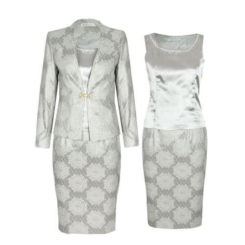 Floral Detailed 3 Piece Ladies Skirt Suit - Silver-  Lss-4918