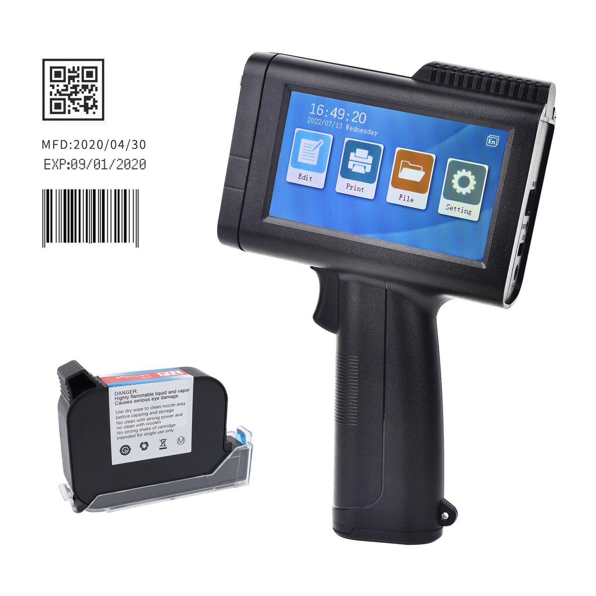 Portable HD Handheld Inkjet Printer with 4.3 Inch Touchscreen Intelligent Barcode Printer Support Logo Date QR Code Symbols Batch Number USB Interface for Variable Data With Quick-Drying Ink Cartridge