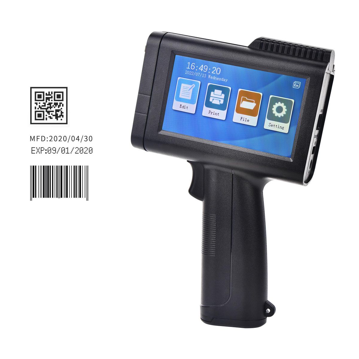 Portable HD Handheld Inkjet Printer with 4.3 Inch Touchscreen Intelligent Barcode Printer Support Logo Date QR Code Symbols Batch Number USB Interface for Variable Data With Quick-Drying Ink Cartridge
