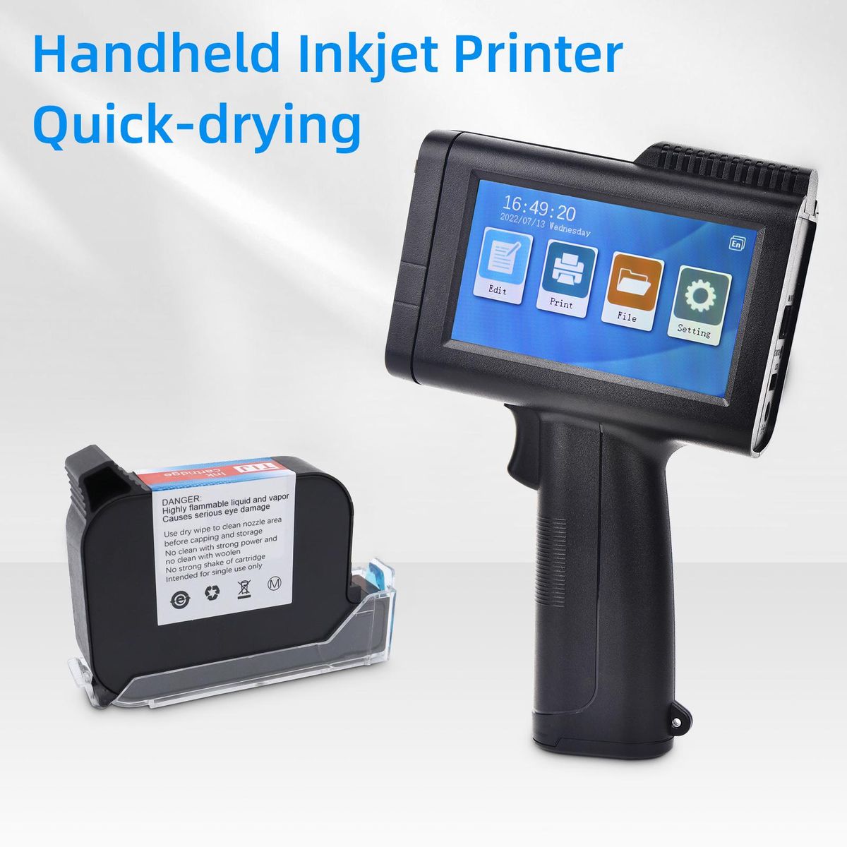Portable HD Handheld Inkjet Printer with 4.3 Inch Touchscreen Intelligent Barcode Printer Support Logo Date QR Code Symbols Batch Number USB Interface for Variable Data With Quick-Drying Ink Cartridge