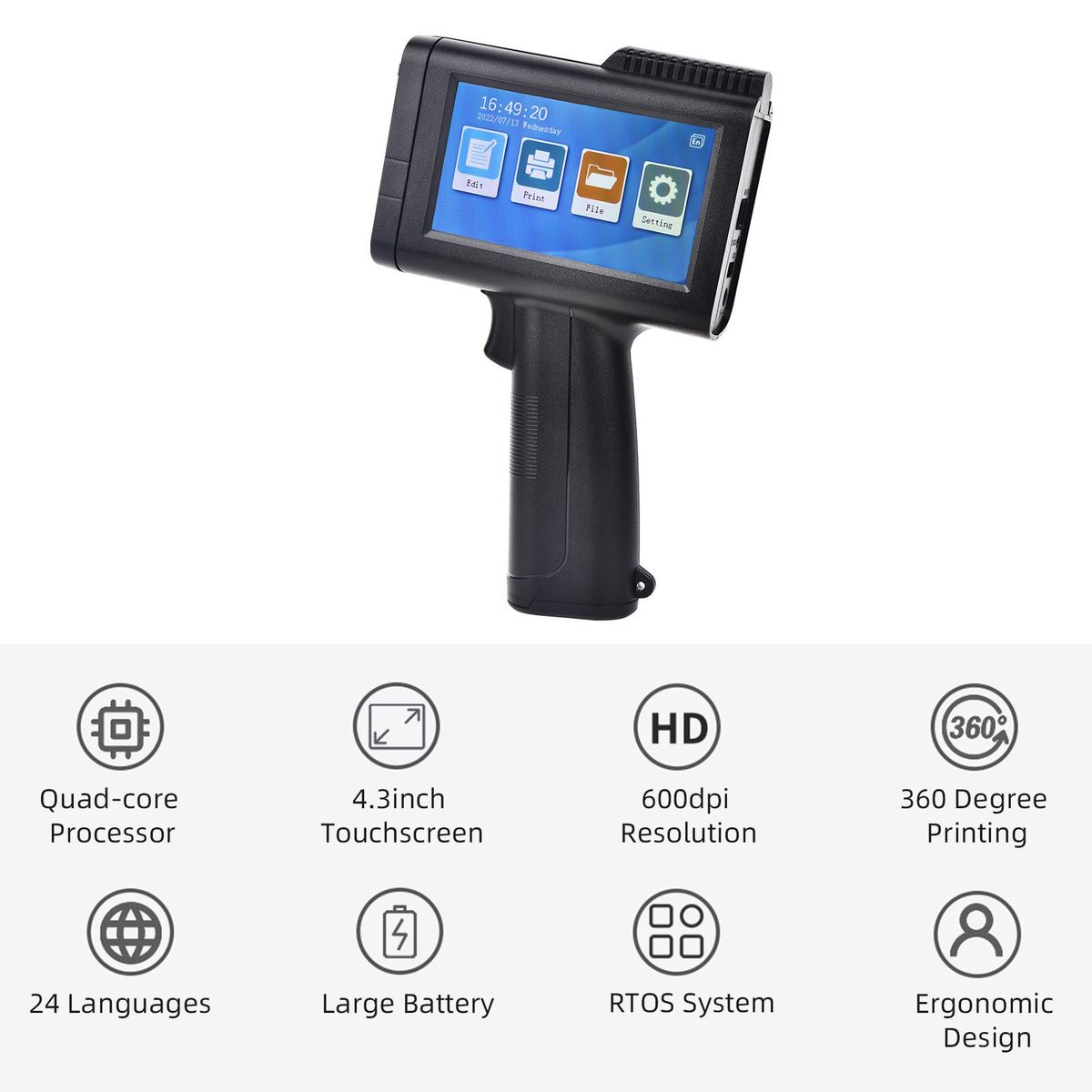 Portable HD Handheld Inkjet Printer with 4.3 Inch Touchscreen Intelligent Barcode Printer Support Logo Date QR Code Symbols Batch Number USB Interface for Variable Data With Quick-Drying Ink Cartridge