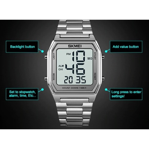 Digital Outdoor Waterproof Sport Men's Watch With Alarm Clock - Silver