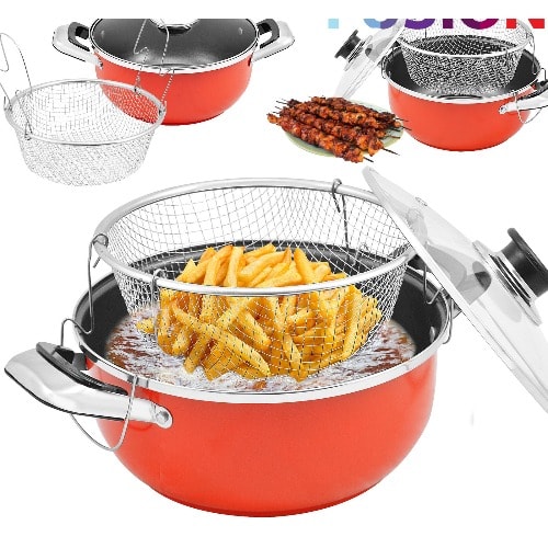 Non Stick Chip Pan Pot With Frying Basket And Glass Lid 24cm