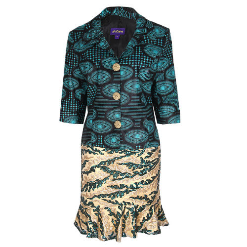 Ladies Ankara Skirt Suit With A Gold Button - Green & Black - Lss-4627