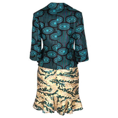 Ladies Ankara Skirt Suit With A Gold Button - Green & Black - Lss-4627