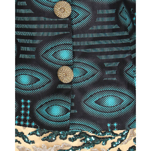 Ladies Ankara Skirt Suit With A Gold Button - Green & Black - Lss-4627