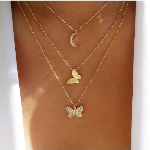 Crescent And Butterfly Layered Necklace- Gold