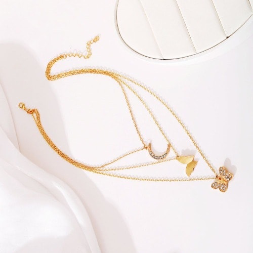 Crescent And Butterfly Layered Necklace- Gold