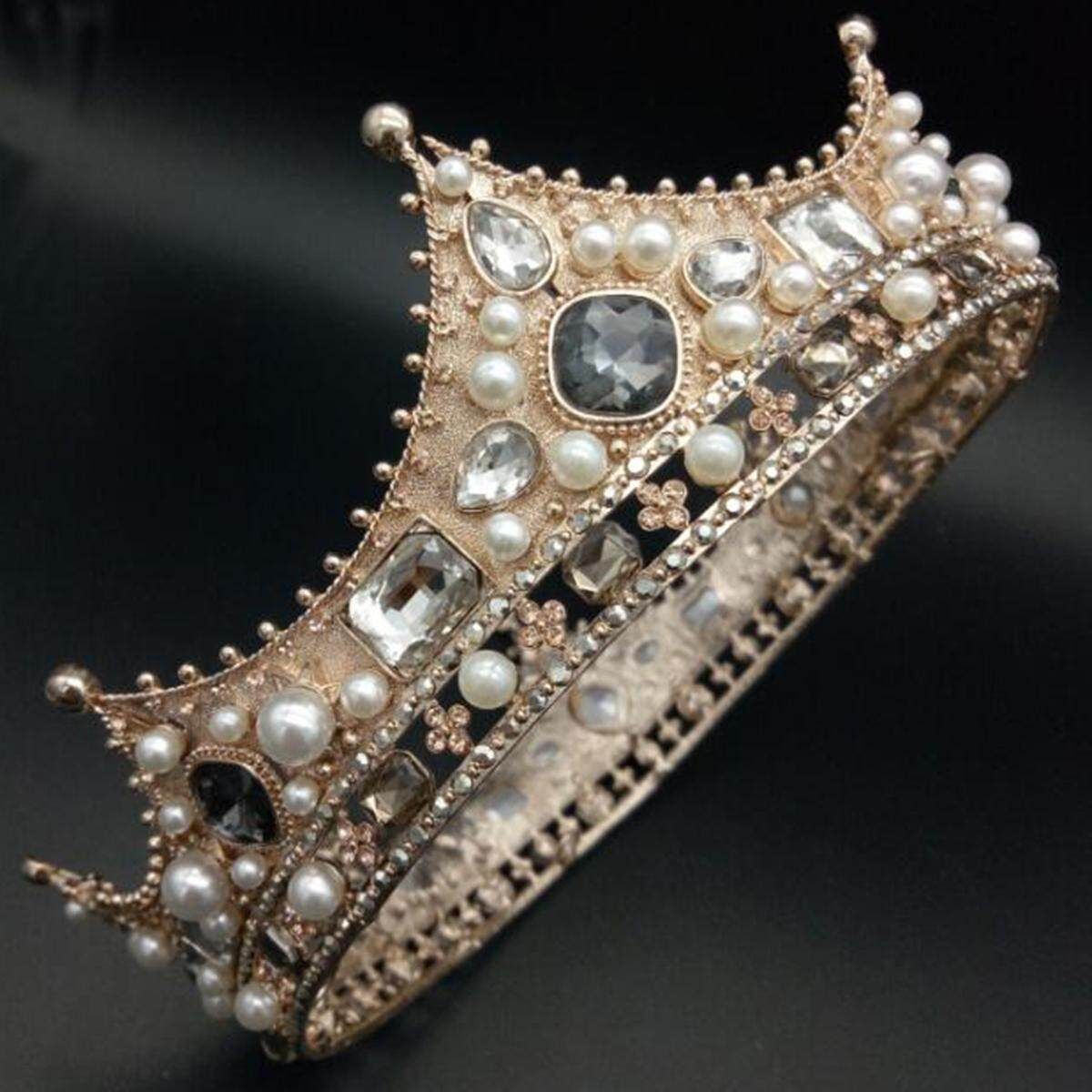 Vintage Multi Pearls Crystal Crown Prom King Rhinestone Royal Tiara Headband