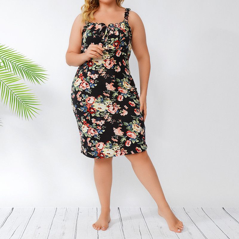 L-5XL Women Square Neck Sleeveless Floral Print Plus Size Dress Black 2635