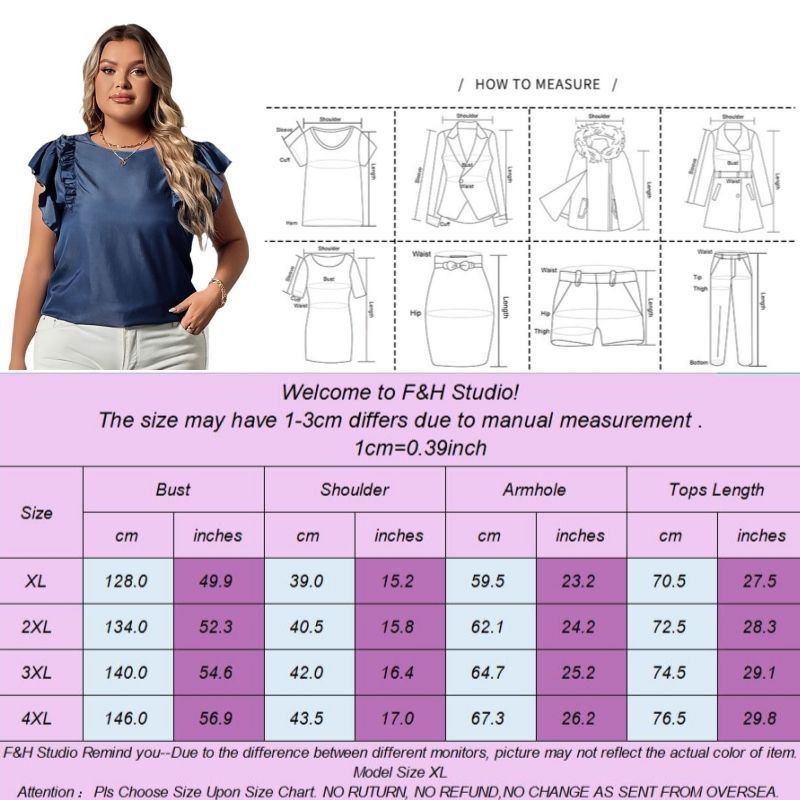 F&H 3600 XL-4XL Ruffled Short Sleeves Plus Size Blouse
