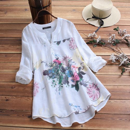 Women's Short -sleeved Women's Top Button Under The Flower Printed Shirt -white