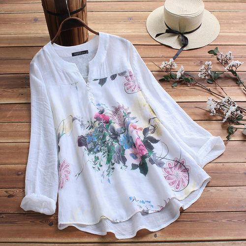 Women's Short -sleeved Women's Top Button Under The Flower Printed Shirt -white