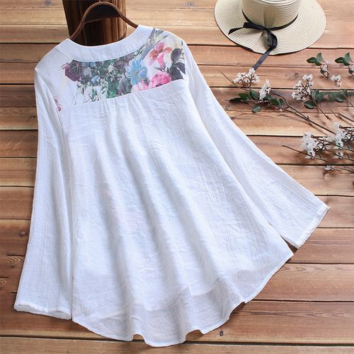 Women's Short -sleeved Women's Top Button Under The Flower Printed Shirt -white