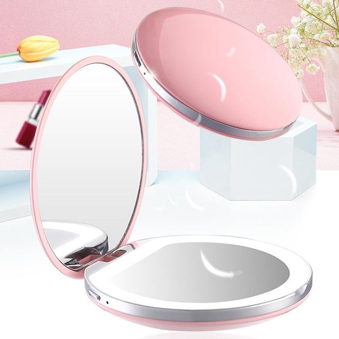 USB Charging Women Handheld 3X Magnified  Compact Mirror Pink