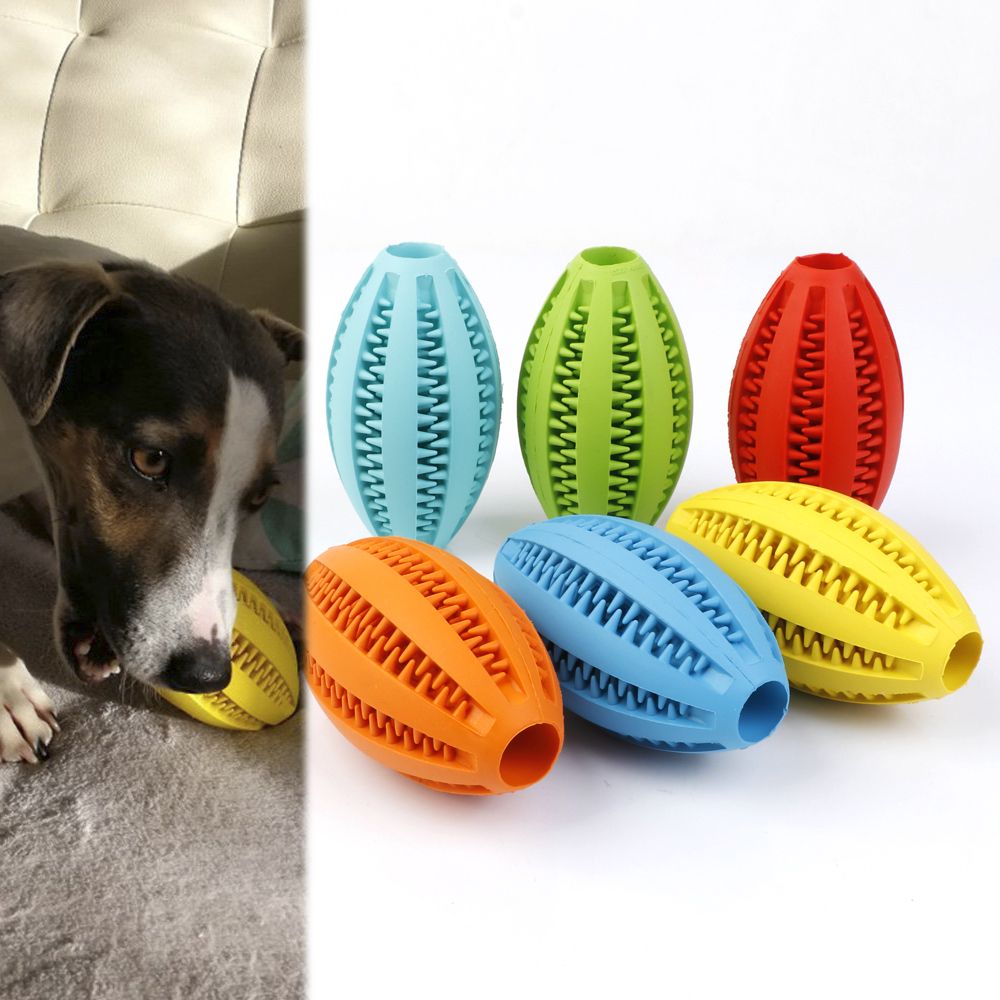 Pet Dog Toys Extra-tough Rubber Ball Toy Interactive Elasticity Ball Dog Chew Toys Tooth Cleaning Treat Rugby Ball-Yellow