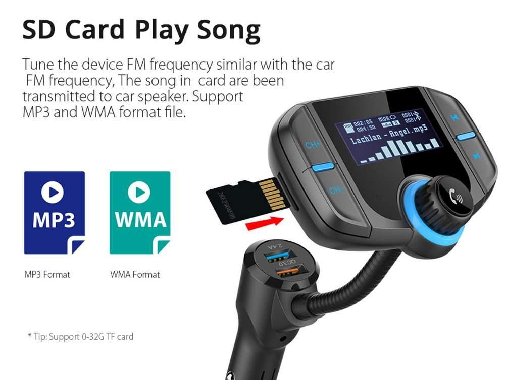 BT70 USB QC3.0 Fast Car Charger Wireless Bluetooth Car MP3 Player FM Transmitter Handsfree Call Support TF (Black) JOLEE