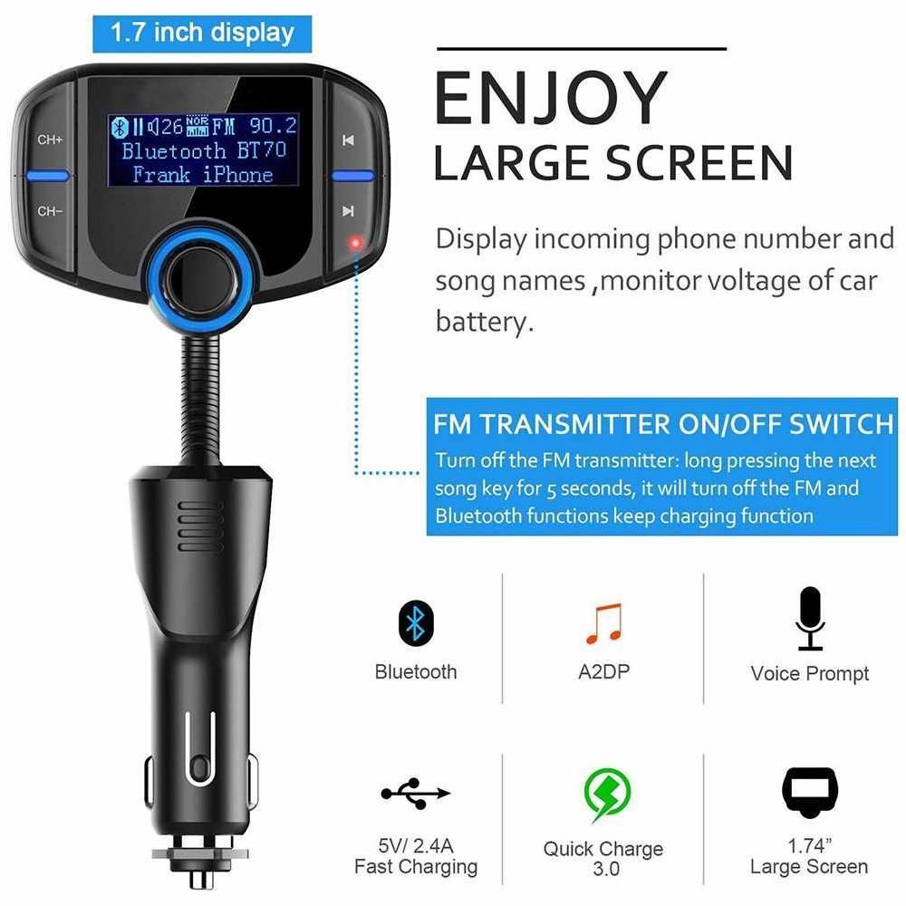 BT70 USB QC3.0 Fast Car Charger Wireless Bluetooth Car MP3 Player FM Transmitter Handsfree Call Support TF (Black) JOLEE