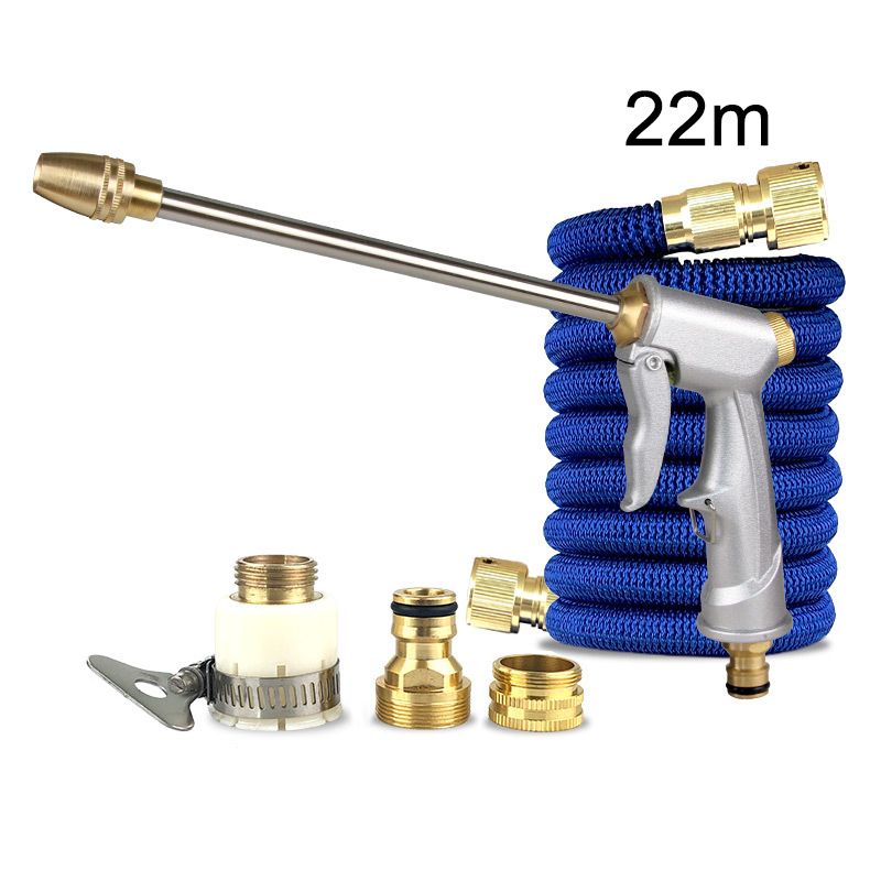Long Gun  Water Set All Metal Spray Car Wash Water Gun + Blue Retractable Hose Watering Tools