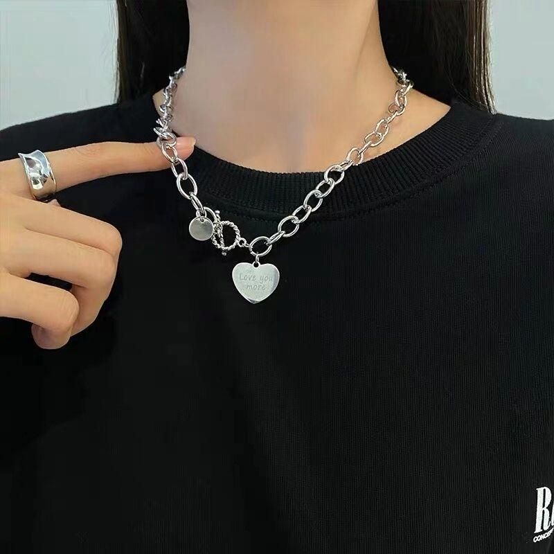 Harajuku Fine Heart Necklace For Women Punk Stainless Steel Chain Hip Hop Fashion Simple Chokers Statement Goth Jewelry Collar
