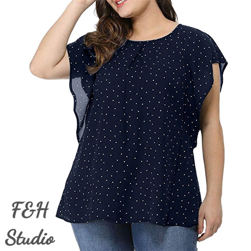 3564 L-5XL Ruffle Sleeves Plus Size Polka Dot Blouse Navy