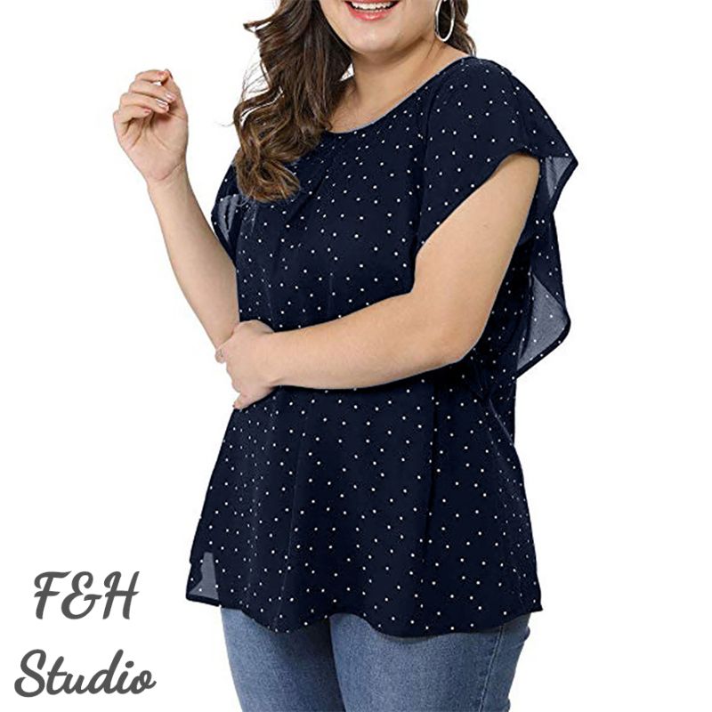 3564 L-5XL Ruffle Sleeves Plus Size Polka Dot Blouse Navy