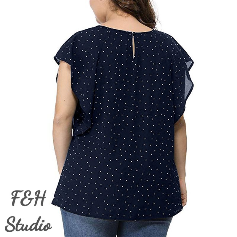 3564 L-5XL Ruffle Sleeves Plus Size Polka Dot Blouse Navy