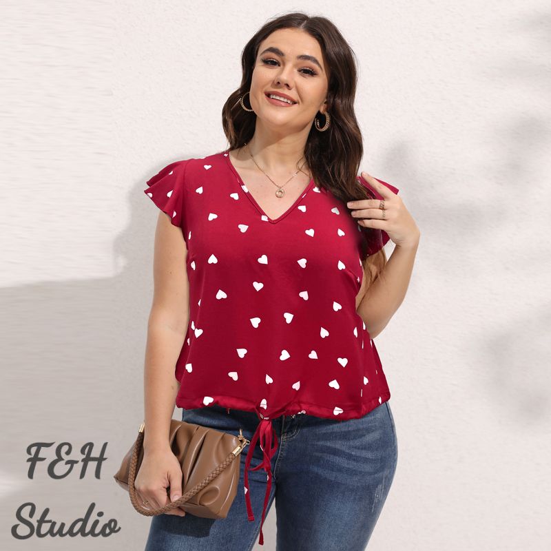 3565 L-4XL Polka Dot Print V Neck Women Plus Size Blouse Red