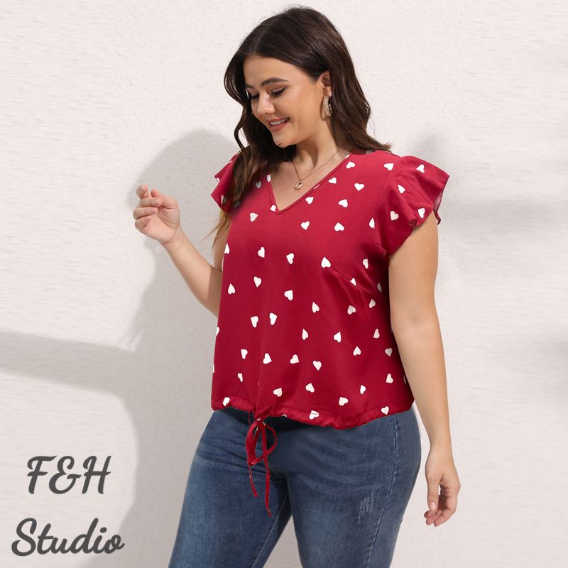 3565 L-4XL Polka Dot Print V Neck Women Plus Size Blouse Red