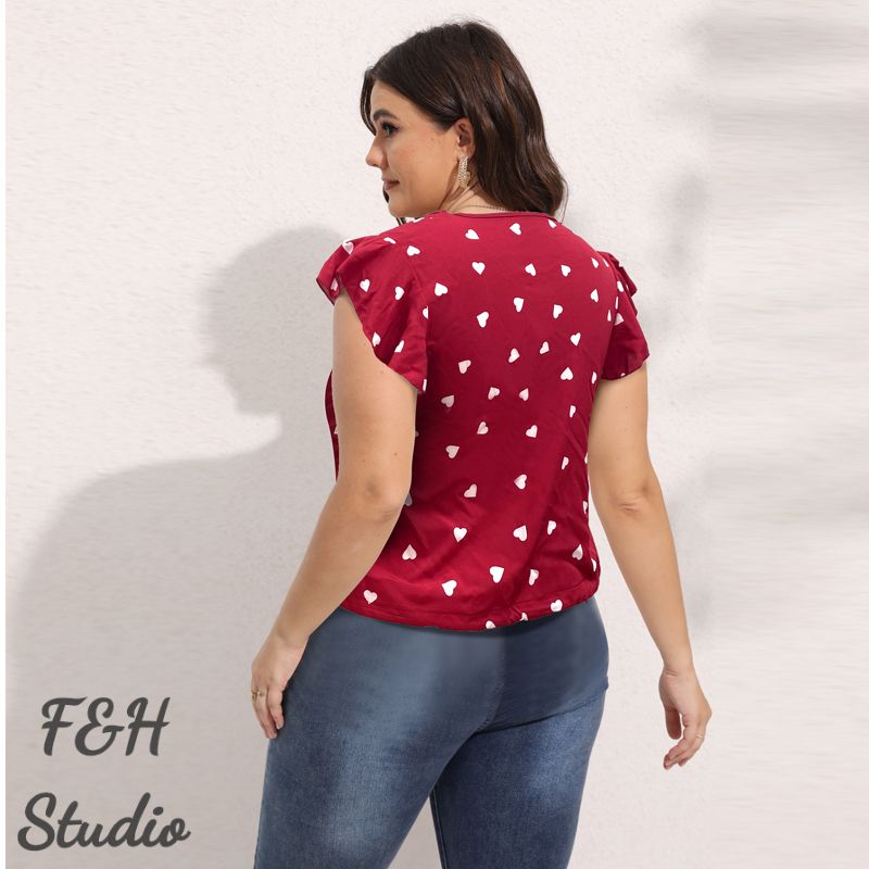 3565 L-4XL Polka Dot Print V Neck Women Plus Size Blouse Red